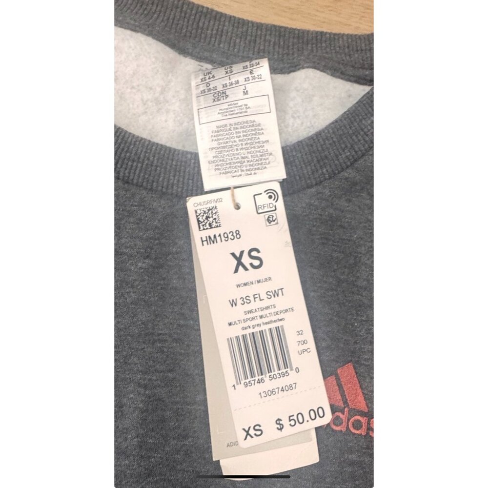 Adidas Womens XS Gray Sweatshirt With Coral Stripes & Logo - W 3S FL SWT - Picture 6 of 7